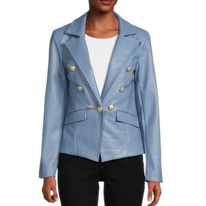LN Central Park West Devon Blue Vegan Leather Double Breasted Blazer in Lake - M